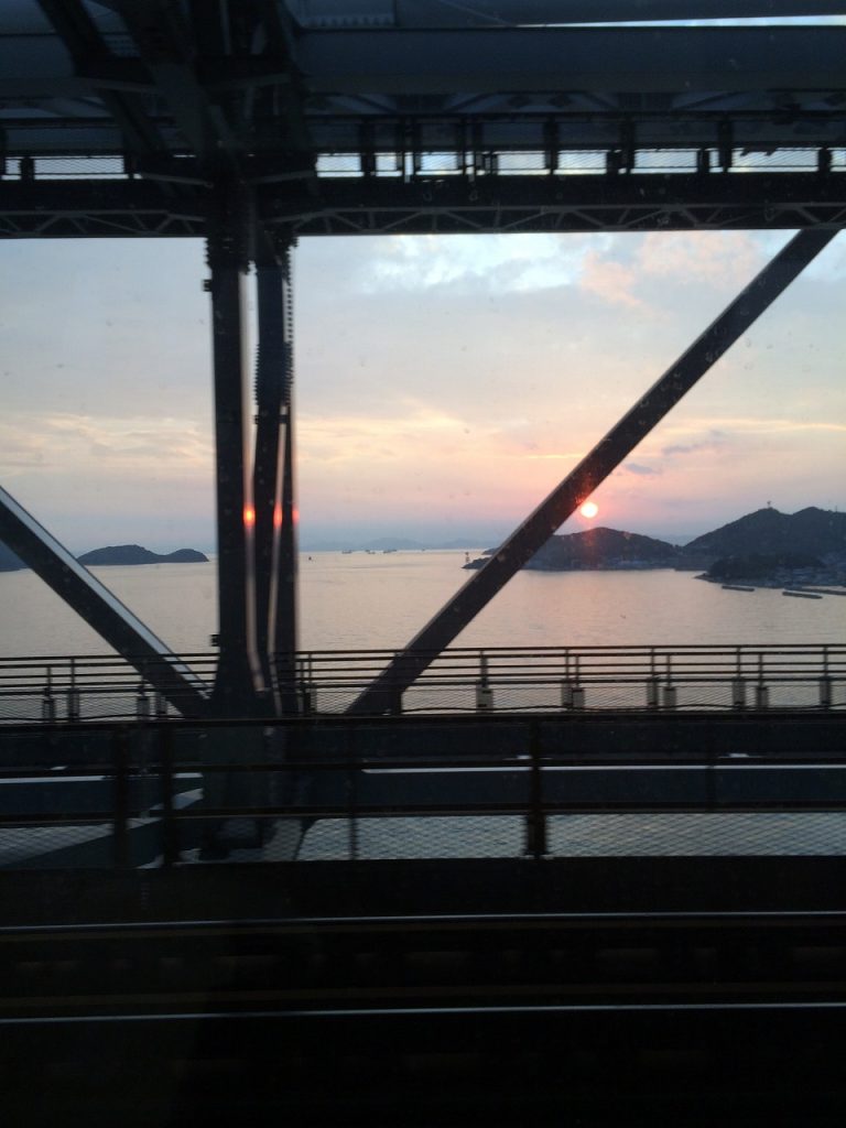 JR SHIKOKU Sunset seen from Seto Ohashi Bridge